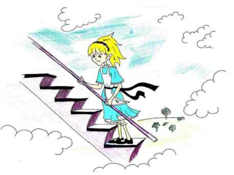 Alice travels on the escalator to the Top of the World